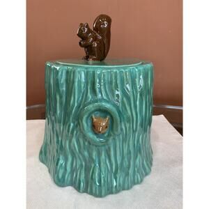 Unique vintage squirrel on tree trunk cookie jar by GILNER POTTERIES DESIGN-PAT